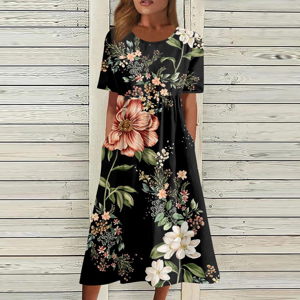 Жен. Повседневные платья Платья с принтами Летние платья С принтами Плиссированные платья-миди с круглым вырезом Классический Классический На открытом воздухе Повседневные С короткими рукавами Свободные платья