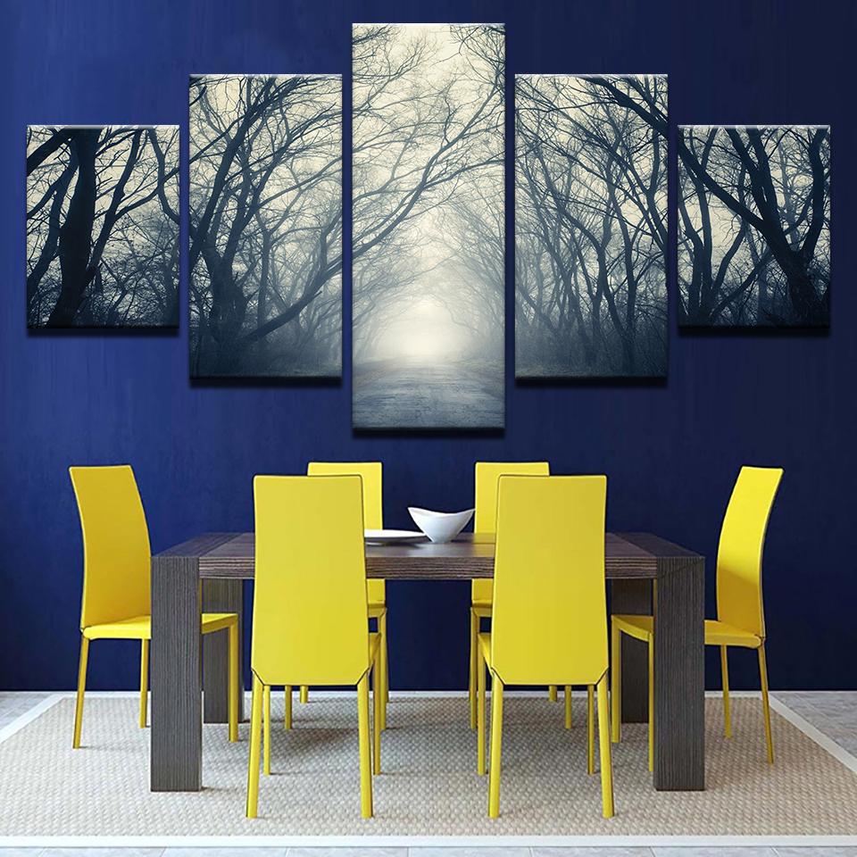 5 Piece Wall Art Canvas Paintes Forest Trail Morning Mist Landscape Paintings Trees Poster For Home Living Room Decoration No Frame