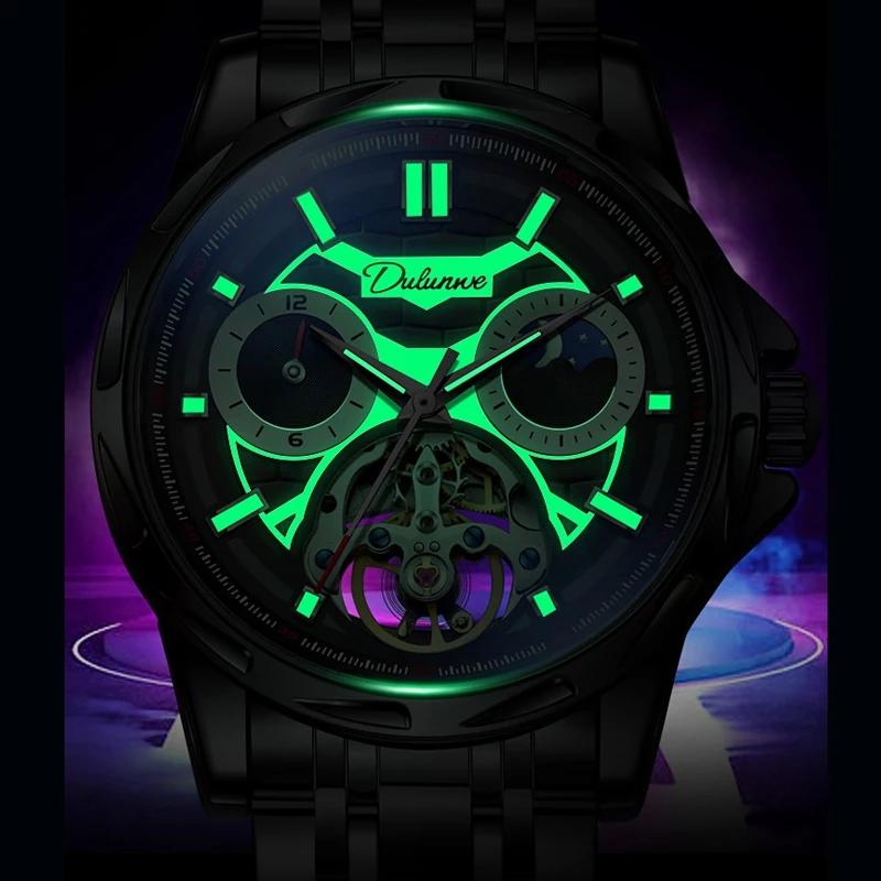 Dulunwe Роскошные автоматические механические часы-скелетоны для мужчин с полым турбийоном, фазой Луны, 12-часовым диском, светящимися часами из нержавеющей стали
