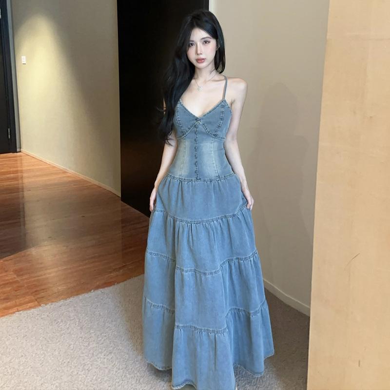 Женская одежда в стиле Гонконга Spice Girls джинсовое платье с открытой спиной и подтяжками на талии