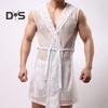 Men Sexy Hooded Nightgown Sleeveless Solid Color Hollow Out Mesh Summer Loungewear Lace-up Night Robe Homewear