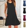 Summer Mini Dress with Pockets Sleeveless A-line Round Neck Solid Color Above
