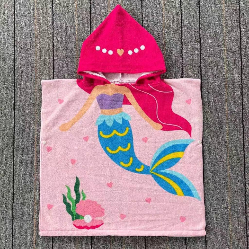 Ultra-Fine Fiber Cartoon Print Kids' Hooded Bath Towel Poncho