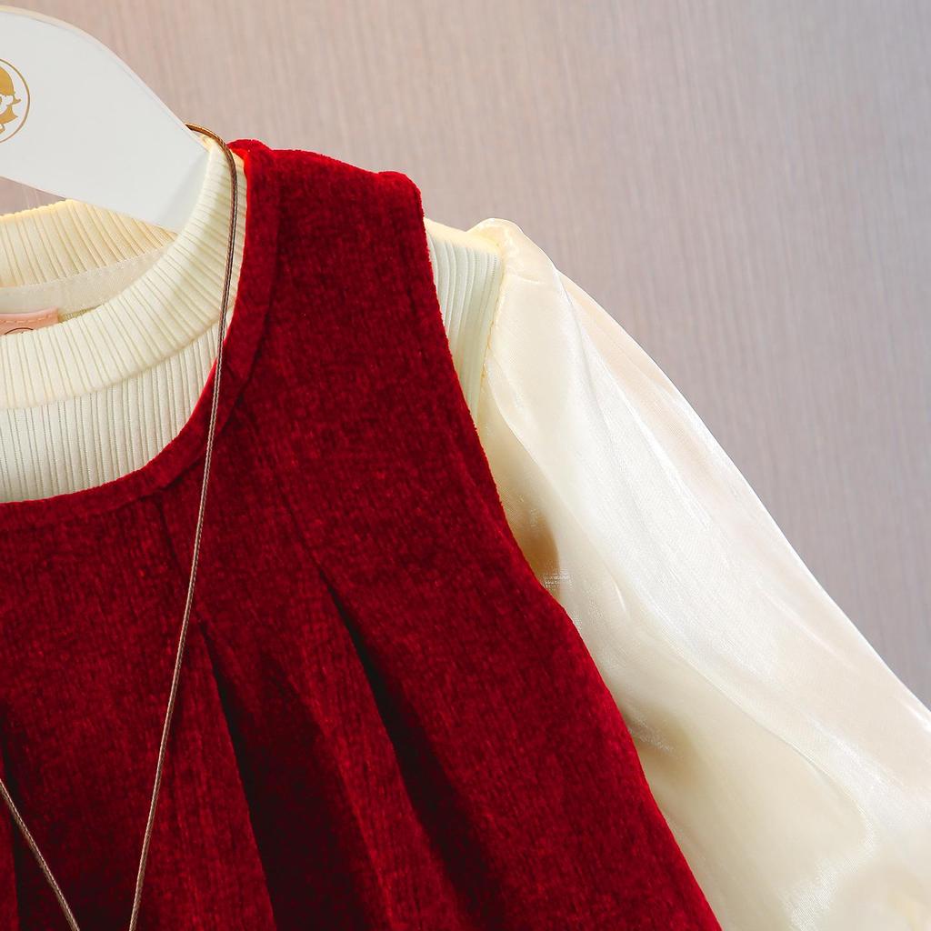 Autumn/Winter 2025 Girls' Fleece-Lined Dress Set: Trendy Party Outfit for One-Year-Olds