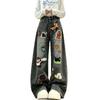 Womens Cartoon Embroidery Washed Denim Jeans Loose Wide Leg Cropped Pants Streetwear