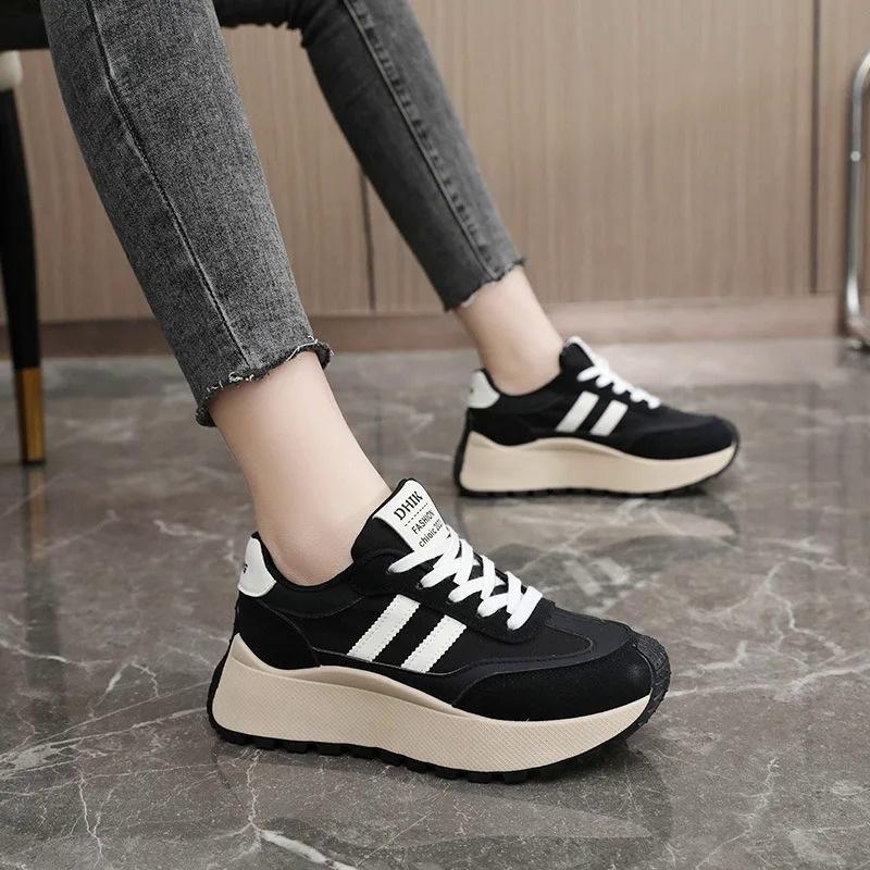 Spring 5.5cm Thick Bottom Women'S Shoes 2025 Summer Classic Campus Style Chunky Girl'S White Leather Patchwork Casual Sneakers