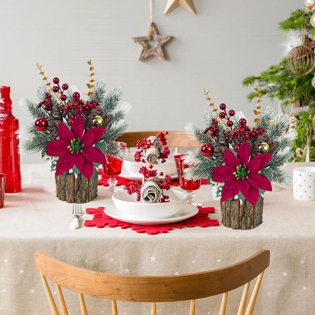 Набор из 2 мини-рождественских елок с красной пуансеттией, ягодами и сосновыми шишками - Искусственный горшечный настольный декор для дома, камина, мужчины