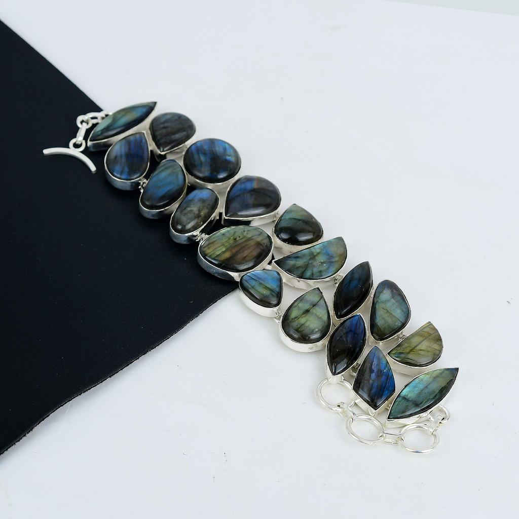 Natural Labradorite Gemstone Handmade 925 Sterling Silver Bracelet, Labradorite Bracelet For Wife , Unisex Bracelet Party Wear Gift