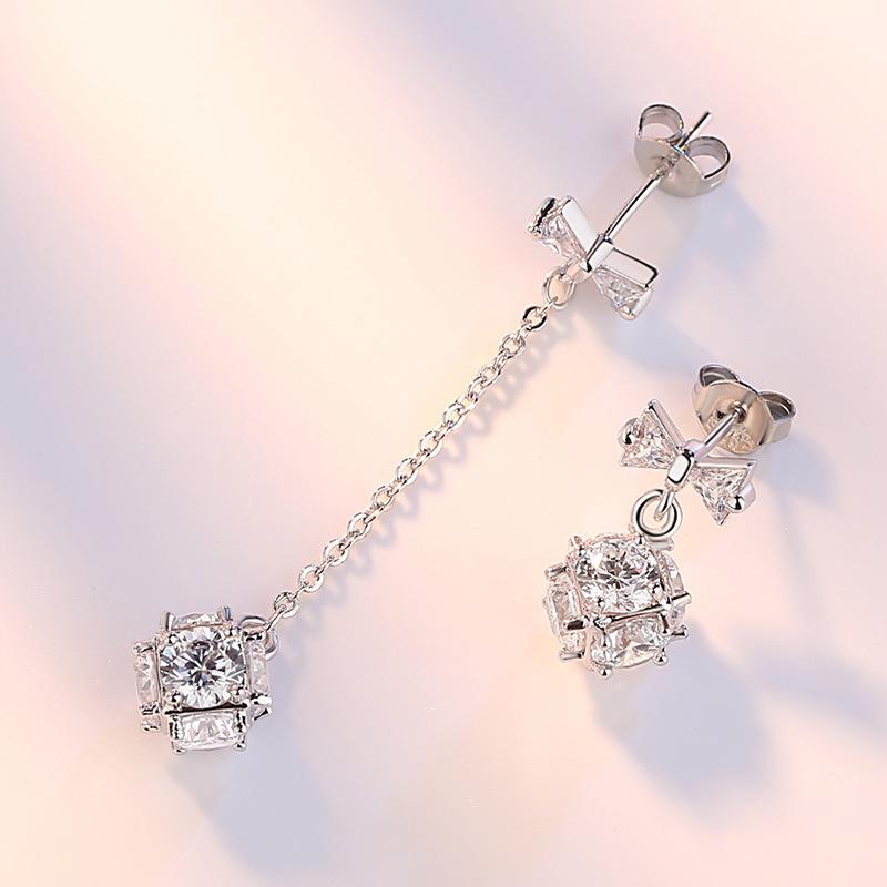 Womens Korean Fashion 925 Silver Plated Anti-allergy Square Zircon Crystal Rubik's Cube Candy Bows Dangle Drop Earrings Female Ear Jewelry Xmas Gift