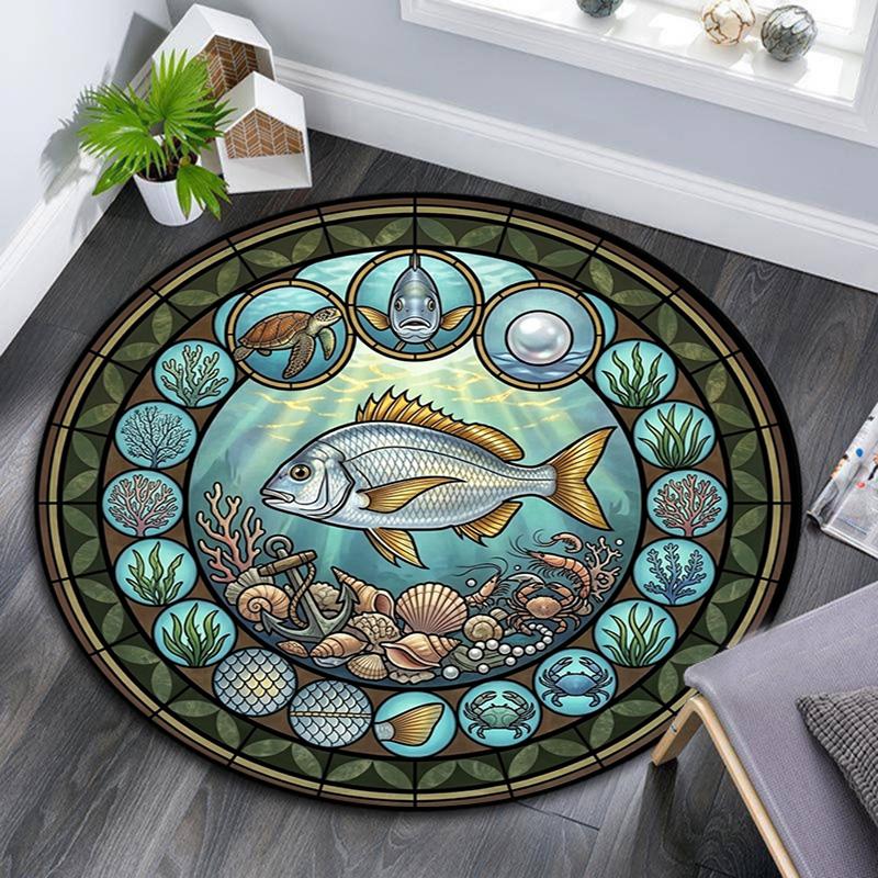 Ocean Life Symbols Round Area Rug Under Office Chairs Bedroom Living Room Home Decor