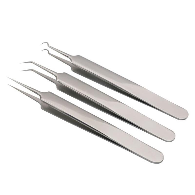 3pcs High Precision Stainless Steel Tweezer Set Elbow Acne Needle Zits Black Head Cosmetic Tools