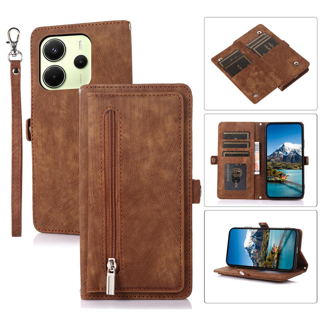 For Xiaomi Redmi Note 14 4G (164.84mm) Case Zipper Pocket 9 Card Slots PU Leather Phone Cover with Wrist Strap
