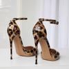 Leopard Print Buckle Strap High-heeled Sandals, Sexy Shiny Leather Single Heel Sandals, Party Girl