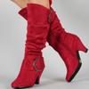 Autumn Winter Mid-calf Boots Women Fashion Grey Red Black Flock Boot Ladies Buckle High Heels Footwear Party Shoes for Girls