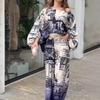 2024 Spring European & American Print Fashion Long Sleeve Batwing Top & Wide Leg Pants Set for Women