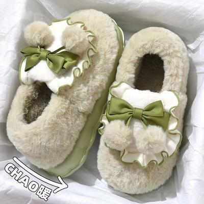 Зимние хлопковые тапочки на каблуке с бантом, домашние нескользящие, с утолщенной подошвой, пушистые хлопковые туфли