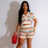 Комплект женских шорт из 2 шт./компл., вязаный топ в полоску с короткими рукавами, однобортный топ Crio, однобортный с v-образным вырезом