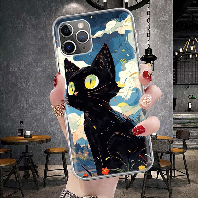 Аниме Милый Черный Кот Мяу Мягкий Чехол Для Телефона Для IPhone 11 17 Air 16E 16 Pro Max 15 + 14 Plus 13 Mini 12 Apple 7 SE 8 Fundas Coque
