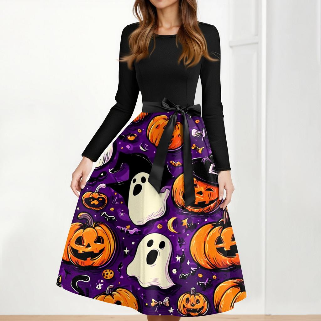 Women's Casual Fashion Halloween Printed Round Neck Vintage Dress