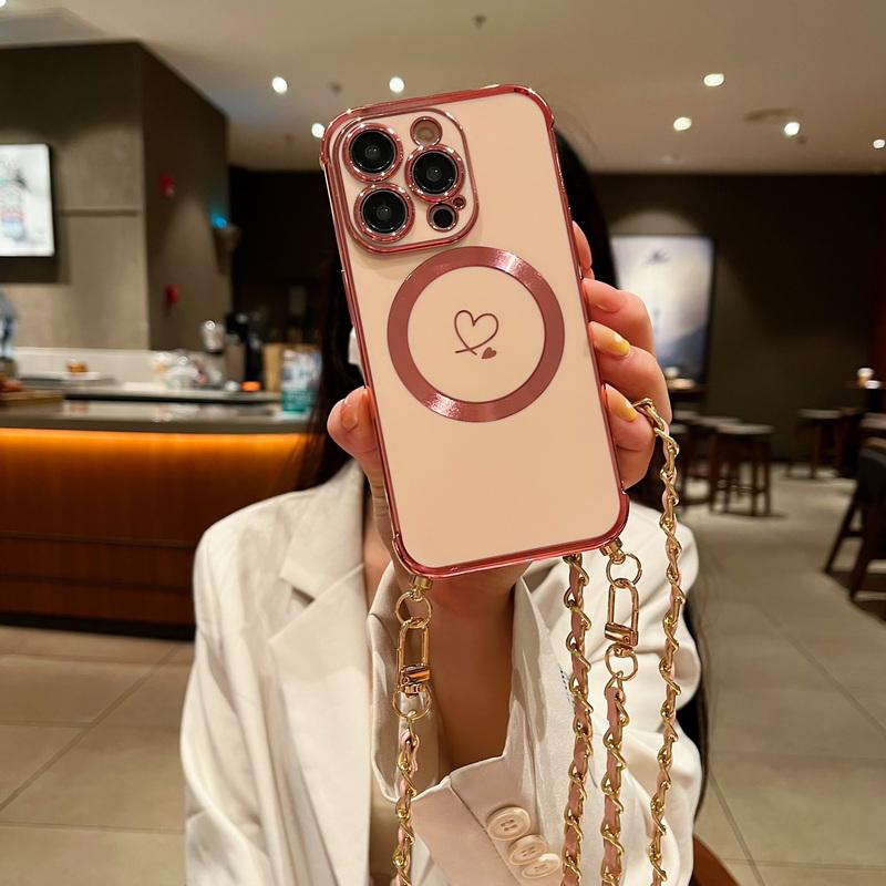 Для iPhone 17 16 Pro 15 14 Pro Max 13 Samsung S25 S24 Ultra S23 FE S22 S21 Чехол с гальваническим покрытием в виде сердца любви Для Magsafe Магнитный чехол для телефона с веревкой через плечо