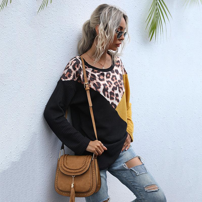 Comfortable Tops Shirts Fashionable and Casual Temperament Top Women Leopard Print Splicing Round Neck Loose Long Sleeve Mid-Length Knit Sweater