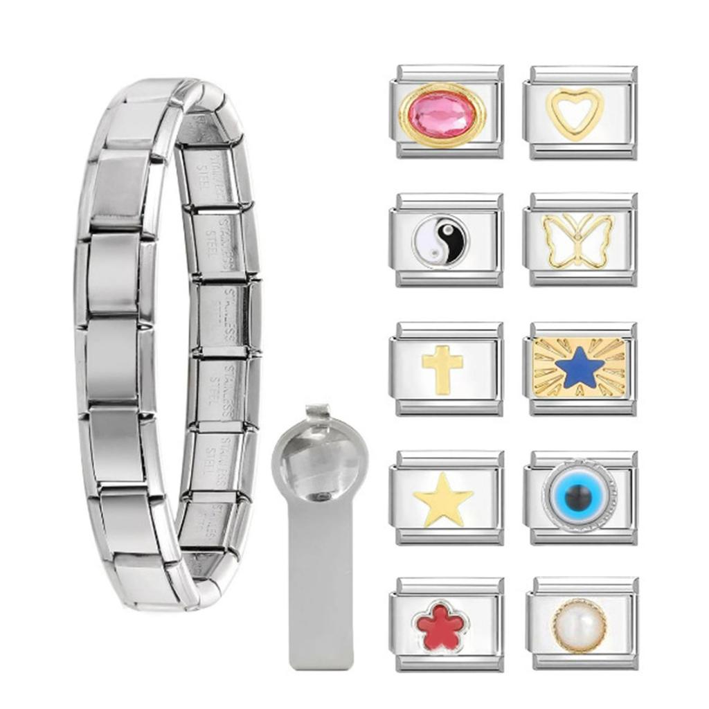 Stainless Steel Italian Style Charms Artisanal Italian Charm Bracelet Set Sturdy Links with Easy To Use Opening Tools
