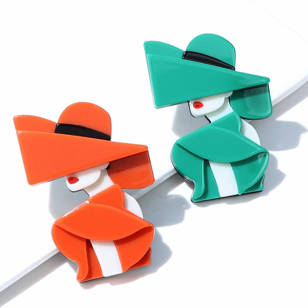 Cartoon Women Portrait Pin Acrylic Girl Badge Retro Lady with Hat Brooch