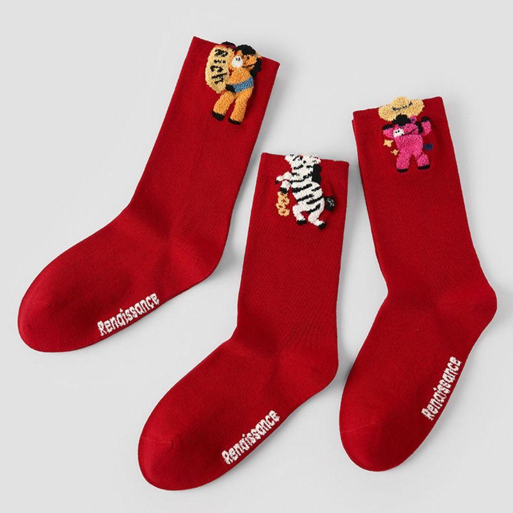 3Pairs Cartoon New Year Tube Socks Mid Calf Zodiac Year Socks Funny Red Cotton Socks Gift