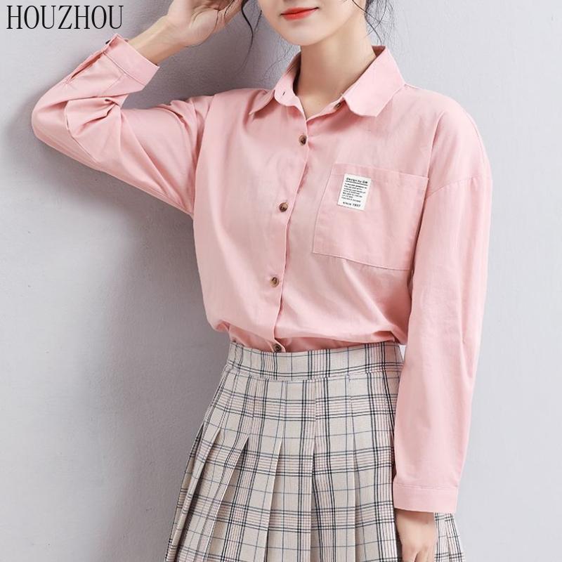 HOUZHOU белая рубашка женская с карманом и длинным рукавом размера плюс для студентов, милая корейская шикарная классика
