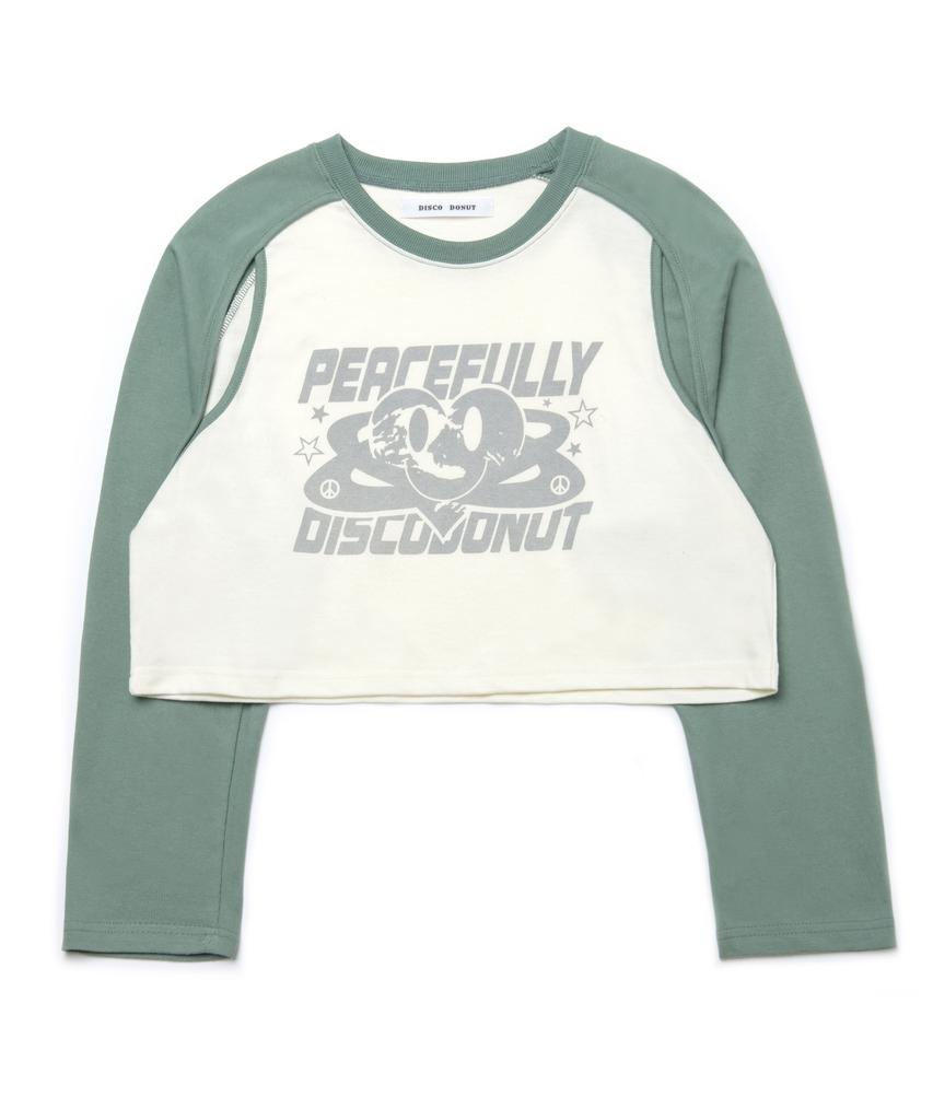 DISCO DONUT Open Armhole Heart Raglan T-Shirt_Green/Ivory