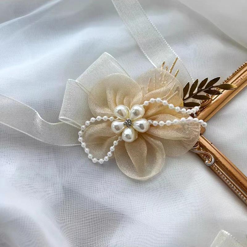 Элегантный милый браслет невесты, свадебный корсаж, эстетика, лента, жемчуг, цветок, украшения для невесты, аксессуары