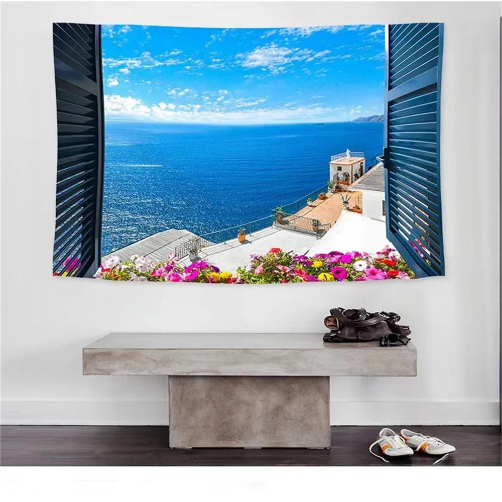 Fashion Home Decoration Tapestry Window Landscape Natural Ocean Pattern Bedroom Living Room Tapestry