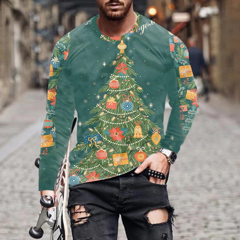 Осенняя футболка, новая мужская футболка с длинным рукавом и цифровым принтом, свободная толстовка с круглым вырезом и рождественским принтом, 3D футболка