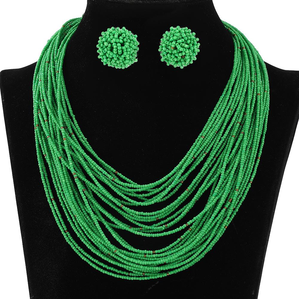 Богемный Многослойный Набор Серьги-Ожерелье из Рисового Бисера Ретро Этнический Стиль Цепочка на Свитер Женские Многослойные Украшения