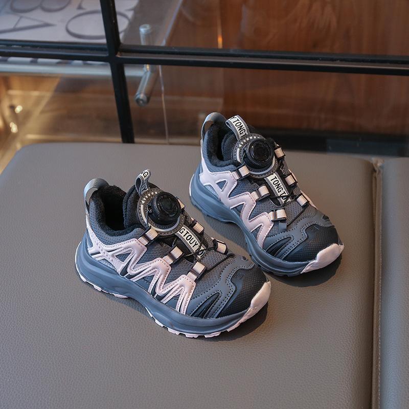 Children's Fashionable Outdoor Casual Rotating Buckle Hiking Shoes, New Autumn and Winter Cotton-Lined Running Shoes for Boys and Girls