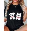 Милая футболка свободного кроя с принтом собаки, черная, с двумя белыми собаками с красным бантом, мультяшный дизайн, повседневная одежда для женщин, летние наряды, повседневный модный топ