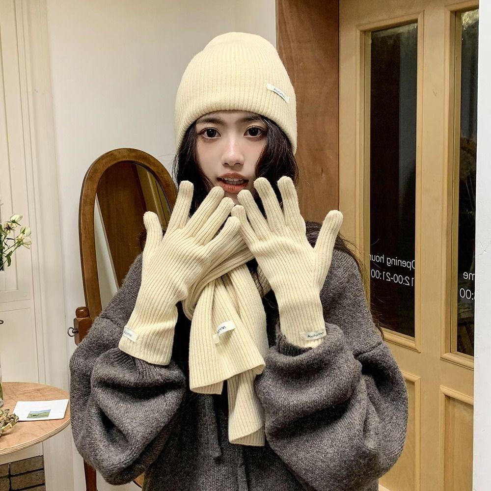 Solid Color Hat Scarf Gloves Set Warm Winter Beanie Hat Neck Protector Thermal Knit Cap  Skiing