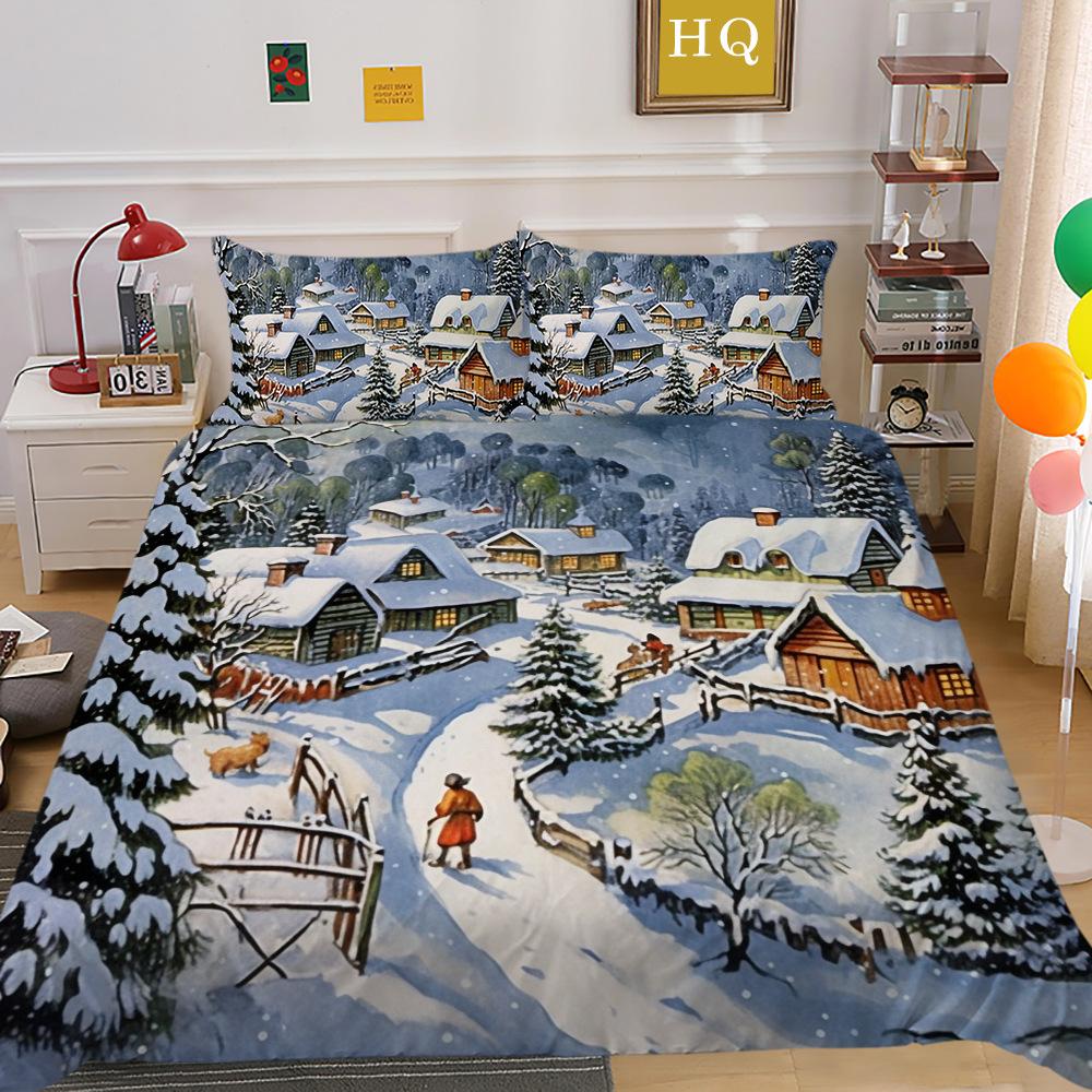 Рождественская карета, снежная сцена, 3D-принт, полиэстеровая наволочка, пододеяльник, набор из двух или трех предметов, можно