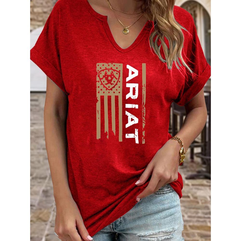 Women's Summer Crew Neck Short Sleeve T-Shirt, Ariat Distressed American Flag Print, Western Style Casual Top