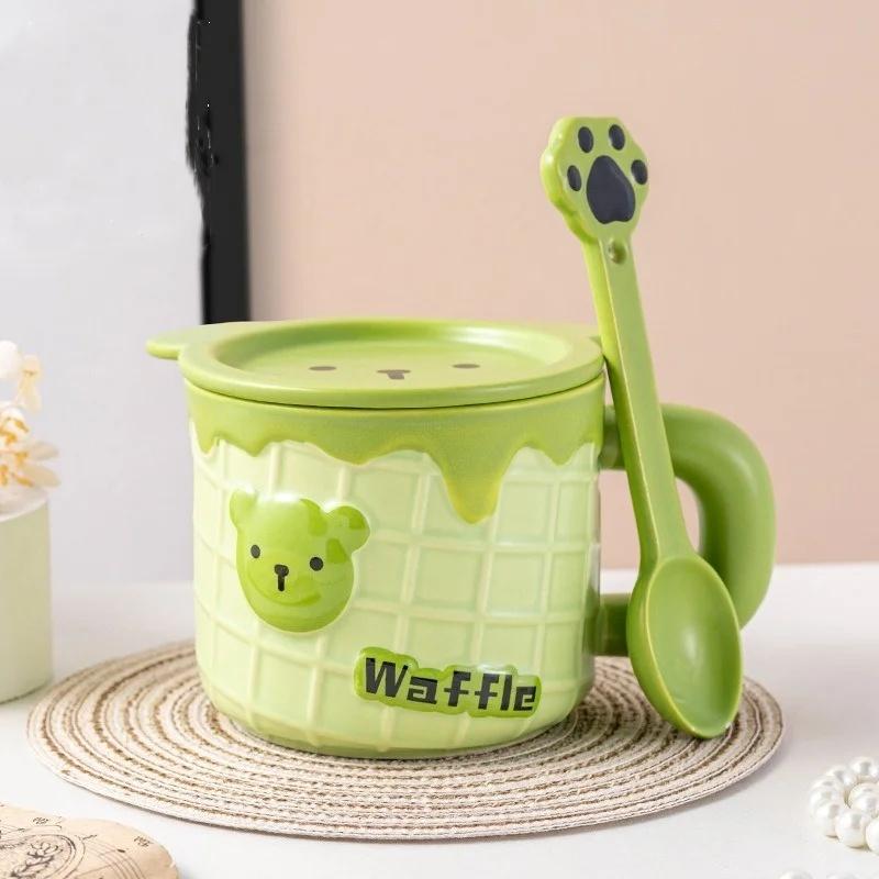 JUSTINLAU Ceramic Mug Cartoon Ice Cream Bear Flower Bird Water Cup Portable Breakfast Coffee Milk Oat Cups Home Office Drinkware