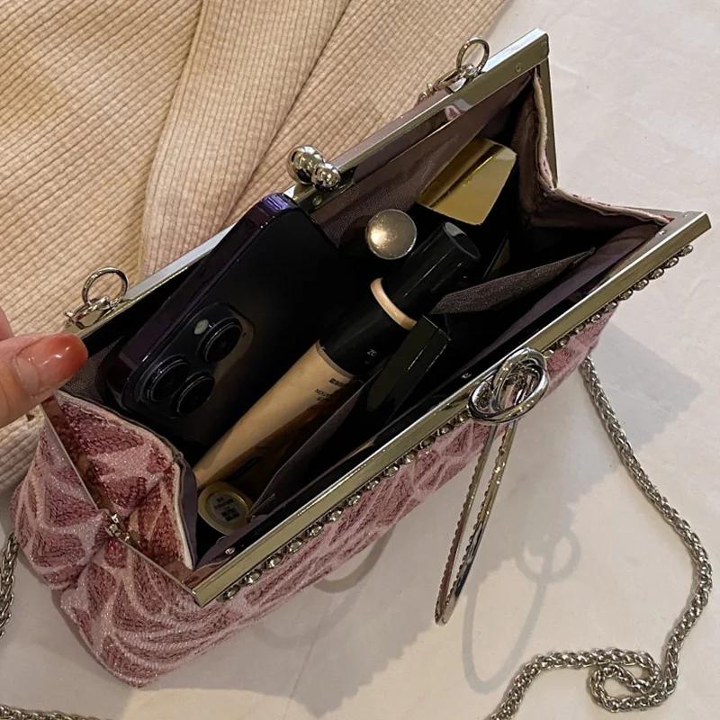 Сумки-мессенджеры с блестками и кристаллами на цепочке для женщин, блестящая сумочка-клатч с зажимом для роскошной свадебной вечеринки, дизайнерский клатч