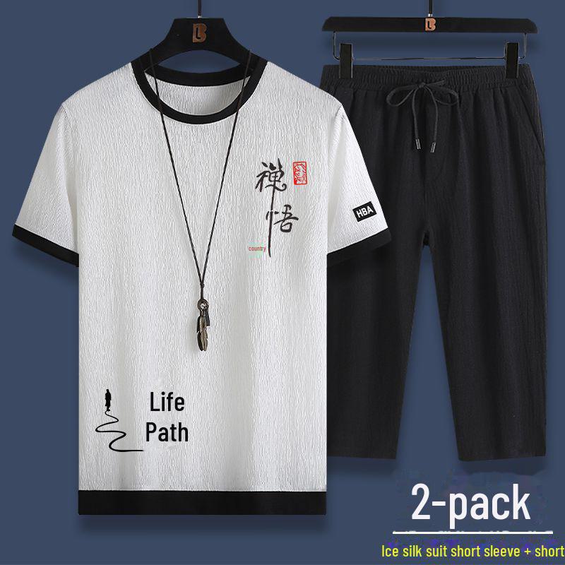 Мужской летний повседневный спортивный комплект из двух предметов Ice Silk: Свободный топ с короткими рукавами и укороченные брюки