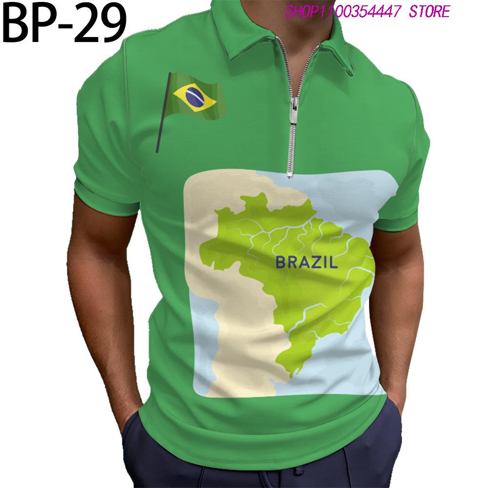 Brazil Flag Print Short Sleeve Zip Polo Shirt, Casual Wear