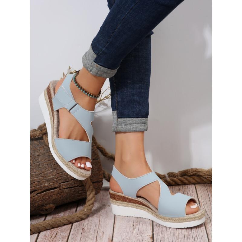 Большие размеры Соломенные босоножки на высоком каблуке Женские толстые скошенные каблуки Римские туфли Женские босоножки на толстой подошве