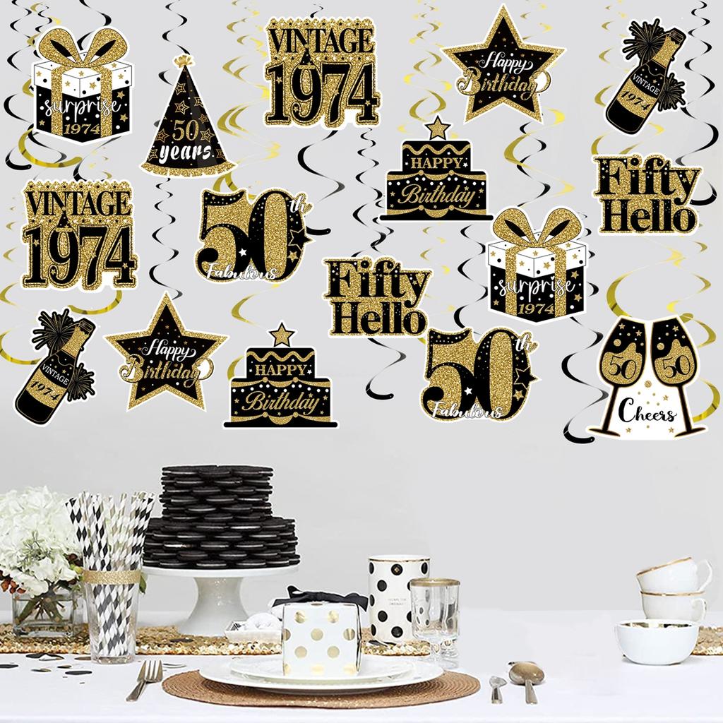 Happy Birthday Foil Swirls 30 40 50th Birthday Party Supplies Black Gold Men Women Hanging Ornaments Ceiling Decor Party Favors