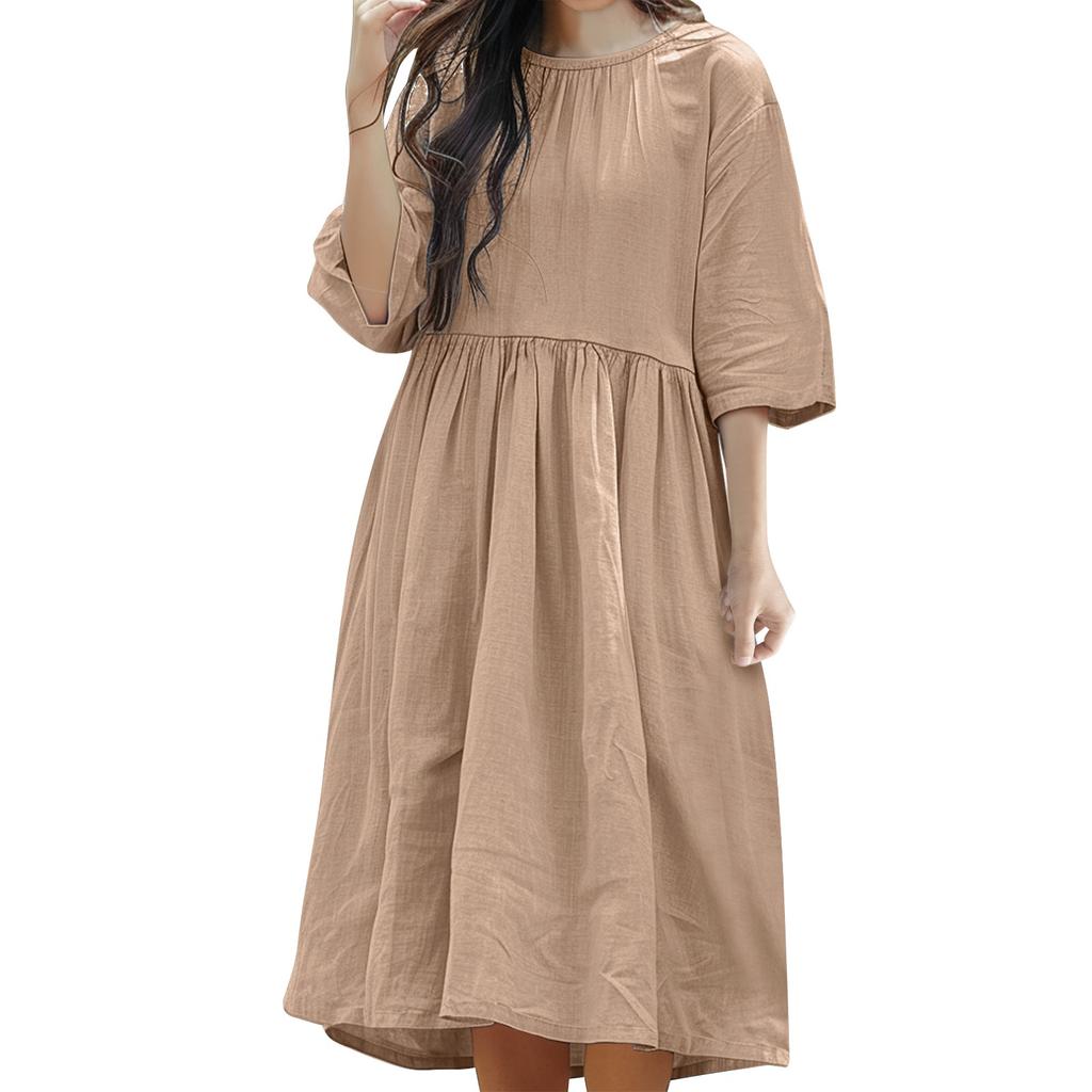 Women's Summer Solid Color Short Sleeved Pleated Round Neck Large Hem Dress