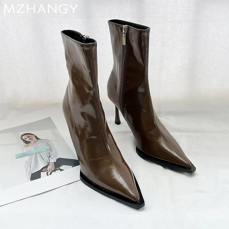 Модные женские сексуальные ботильоны на высоком каблуке, кожаные с острым носком, элегантные туфли для женщин, тренд 2025 года, ботинки челси, зимние новые туфли-лодочки Mujer Botas