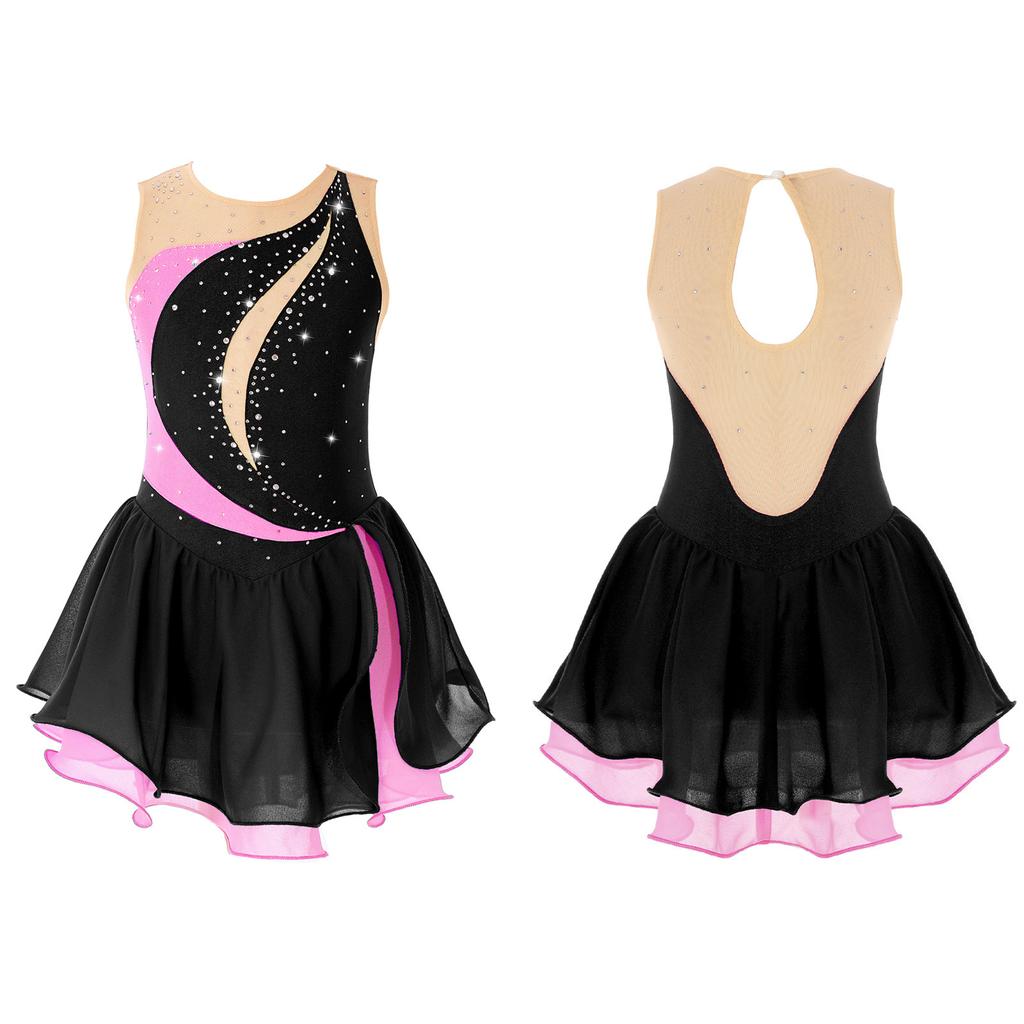 Girls' Figure Skating Dress Sleeveless Glitter Rhinestone Ballet Leotard Dress Competition Costume Gymnastics Suit