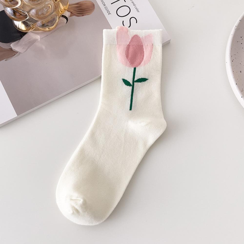 Женские носки конфетного цвета с рисунком тюльпана, носки средней длины для женщин
