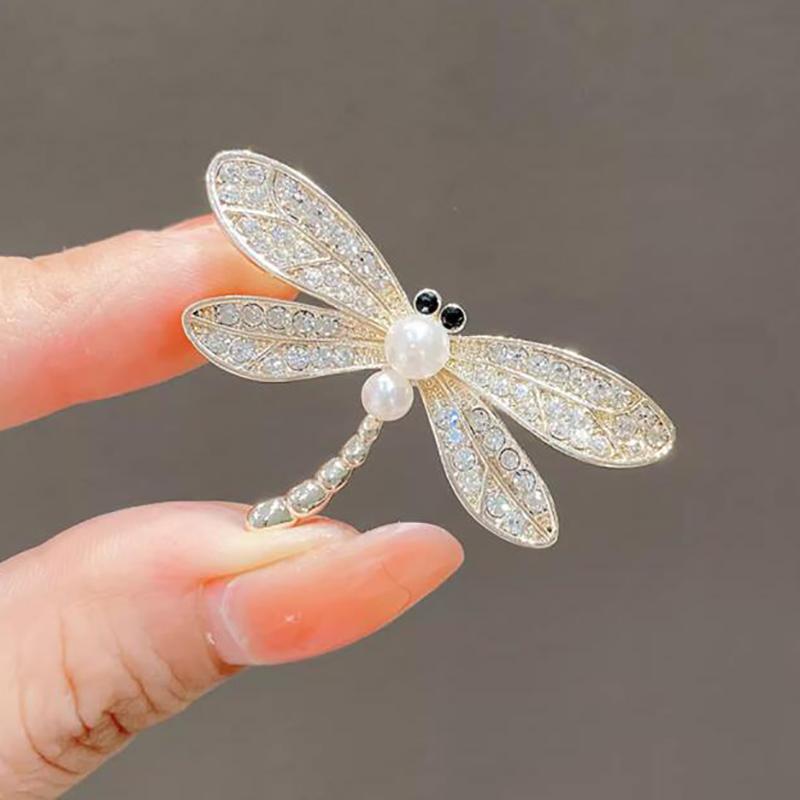 Vintage Shinny   Pearl Dragonfly Brooches For Women Dress Silk Scarf Insect Corsage Pins Jewelry Accessories